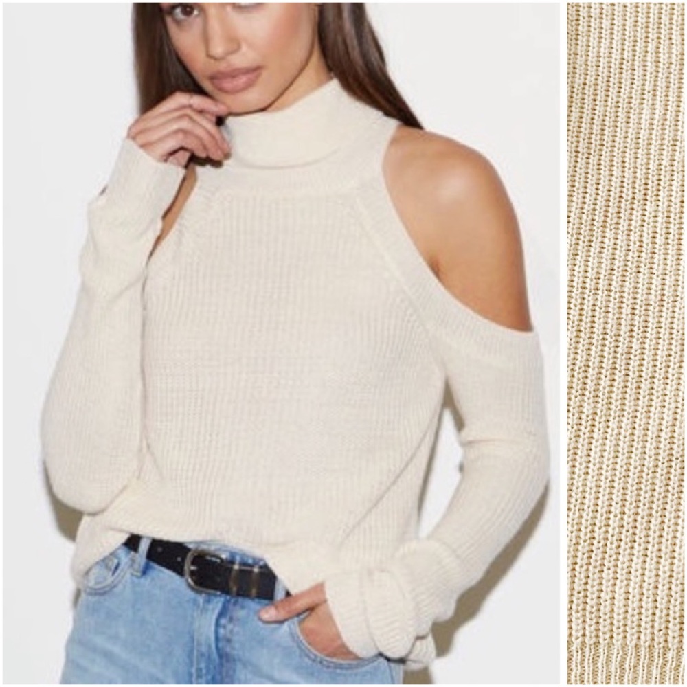 Kendal & Kylie Tan Cold Shoulder Turtleneck Lightweight Sweater